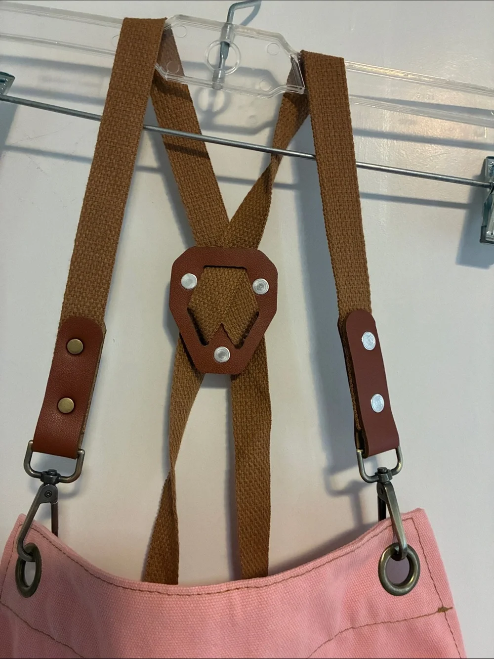 Pink Canvas Apron with Brown Leather Straps one size